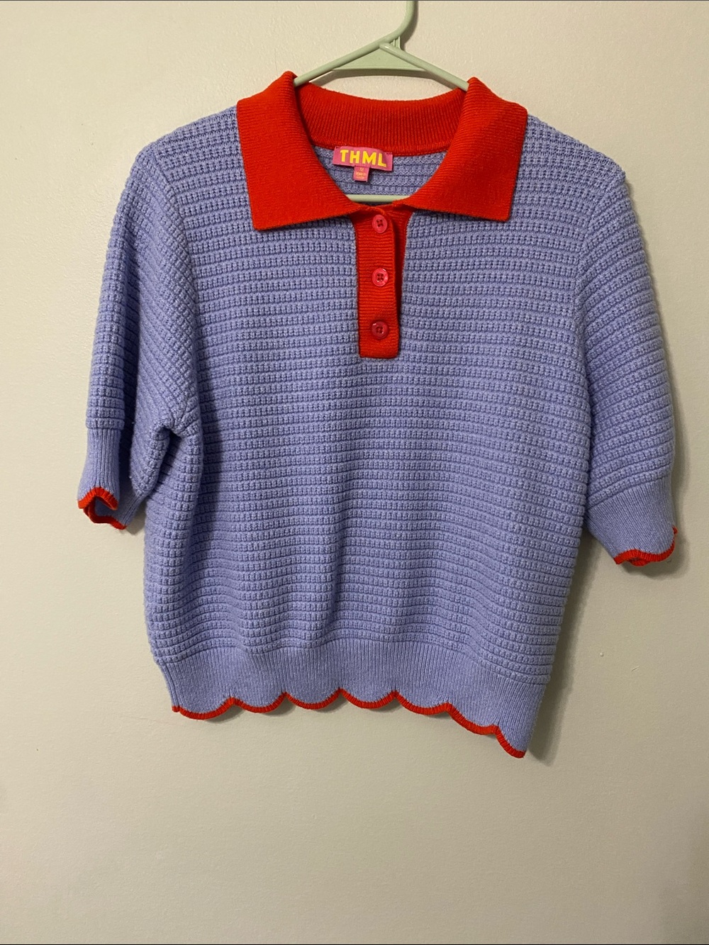 THML Light Blue Knit Polo Top with Red Trim Woman Medium - Picture 2 of 8
